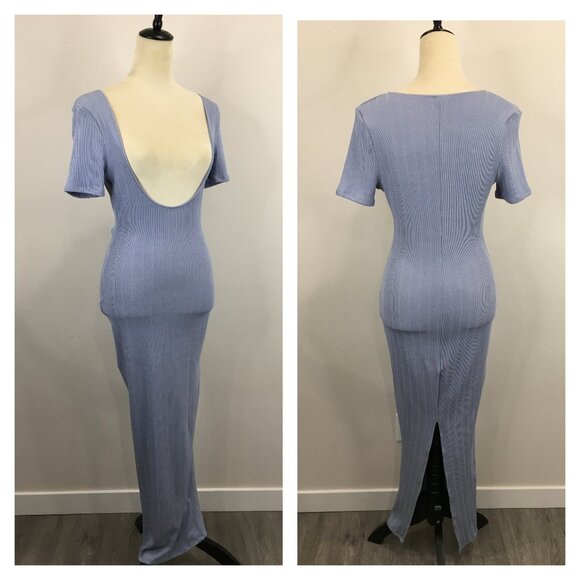 FASHION NOVA Short Sleeve Blue Very Low Cut/Open Front Ribbed Stretch Maxi Dress - Picture 1 of 9